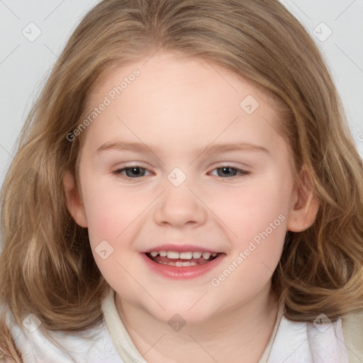 Joyful white child female with medium  brown hair and brown eyes