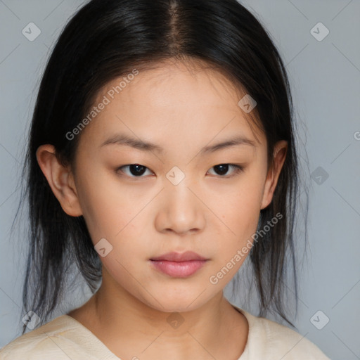 Neutral asian young-adult female with medium  brown hair and brown eyes