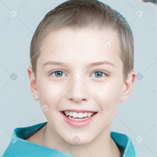 Joyful white child female with short  brown hair and blue eyes