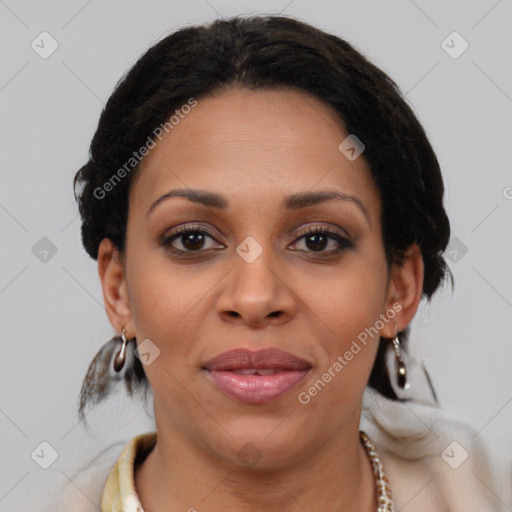 Joyful latino young-adult female with medium  brown hair and brown eyes