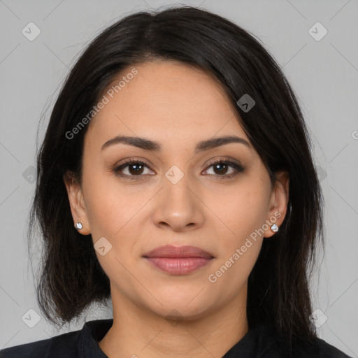 Joyful white young-adult female with medium  black hair and brown eyes