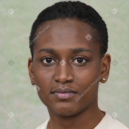 Neutral black young-adult female with short  black hair and brown eyes