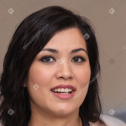 Joyful white young-adult female with medium  black hair and brown eyes