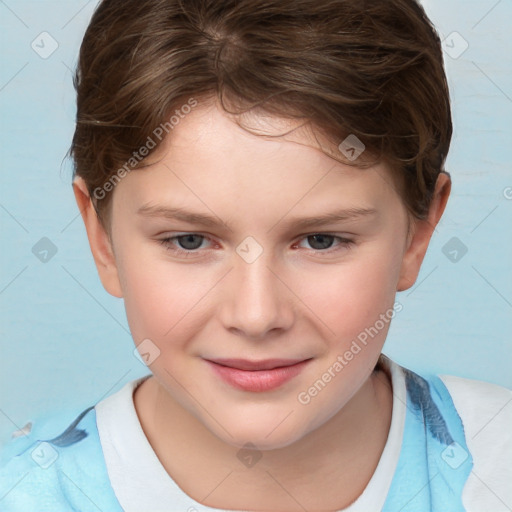 Joyful white child female with short  brown hair and brown eyes