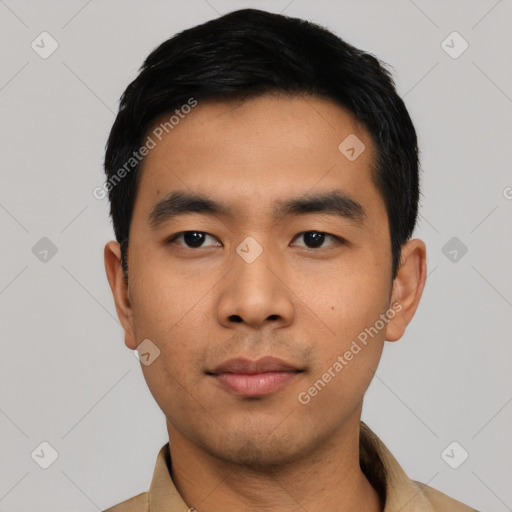 Neutral asian young-adult male with short  black hair and brown eyes