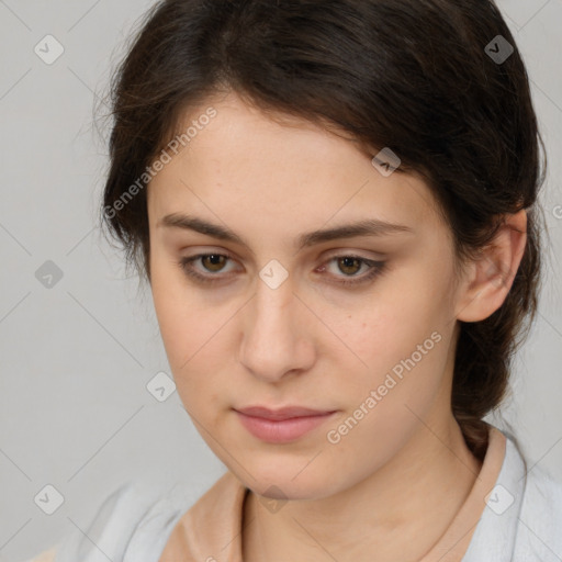 Neutral white young-adult female with medium  brown hair and brown eyes