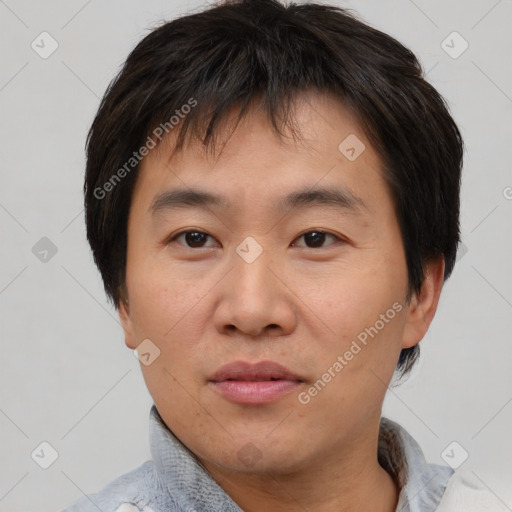 Neutral asian young-adult male with short  brown hair and brown eyes