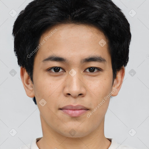 Neutral asian young-adult male with short  black hair and brown eyes