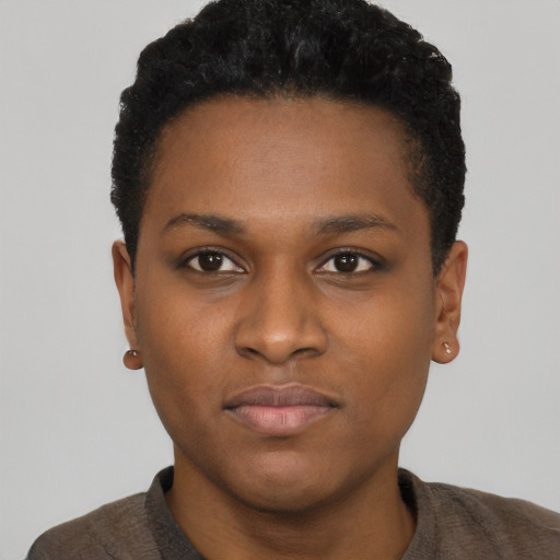 Neutral black young-adult female with short  black hair and brown eyes