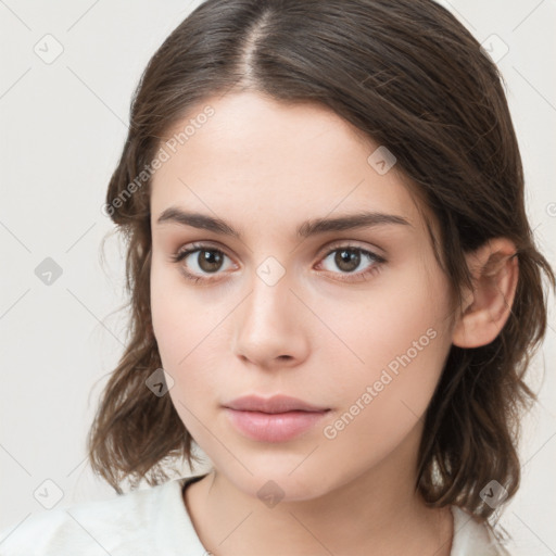 Neutral white young-adult female with medium  brown hair and brown eyes