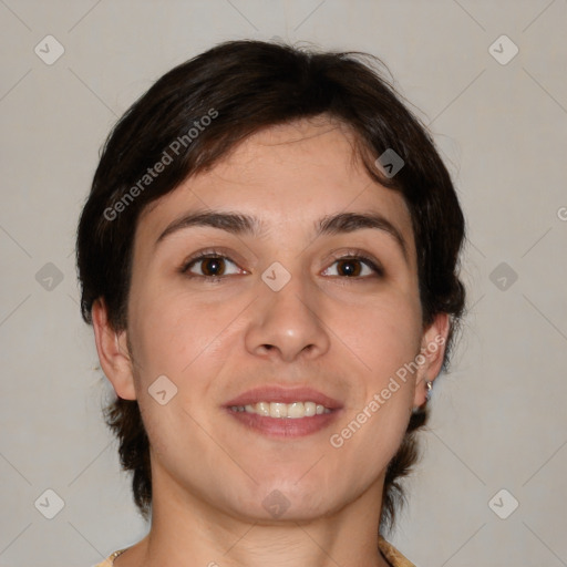 Joyful white young-adult female with medium  brown hair and brown eyes