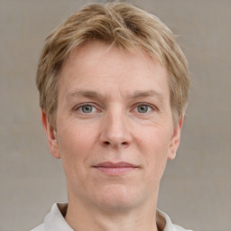 Joyful white adult male with short  brown hair and grey eyes