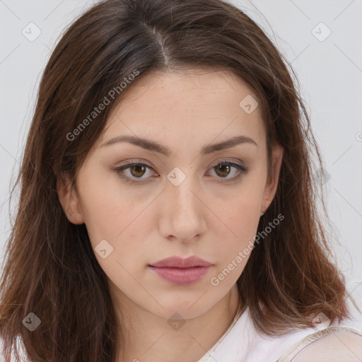 Neutral white young-adult female with long  brown hair and brown eyes