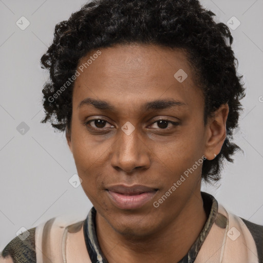 Neutral black young-adult female with short  black hair and brown eyes