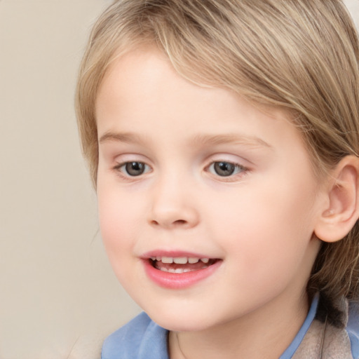 Joyful white child female with medium  brown hair and blue eyes