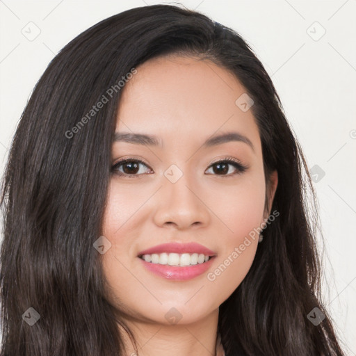 Joyful white young-adult female with long  black hair and brown eyes