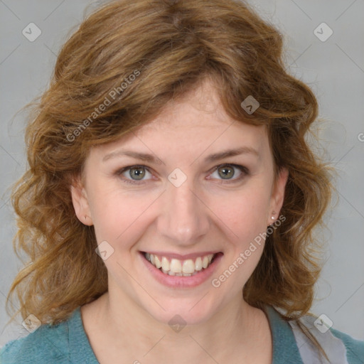 Joyful white young-adult female with medium  brown hair and blue eyes