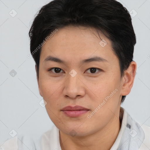 Joyful asian young-adult female with short  brown hair and brown eyes