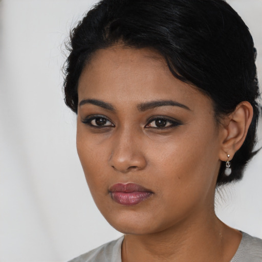 Neutral asian young-adult female with long  black hair and brown eyes