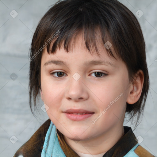 Joyful white child female with medium  brown hair and brown eyes