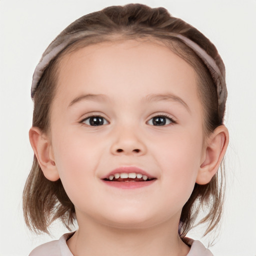 Joyful white child female with medium  brown hair and brown eyes