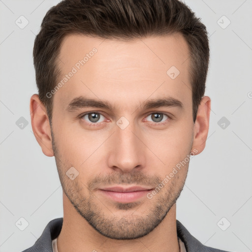 Neutral white young-adult male with short  brown hair and grey eyes