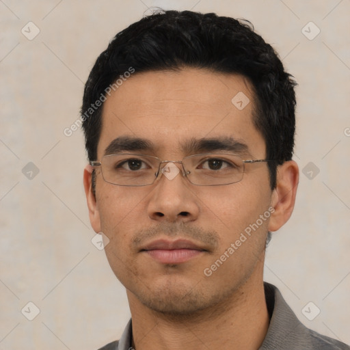 Neutral asian young-adult male with short  black hair and brown eyes