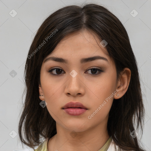 Neutral asian young-adult female with medium  brown hair and brown eyes