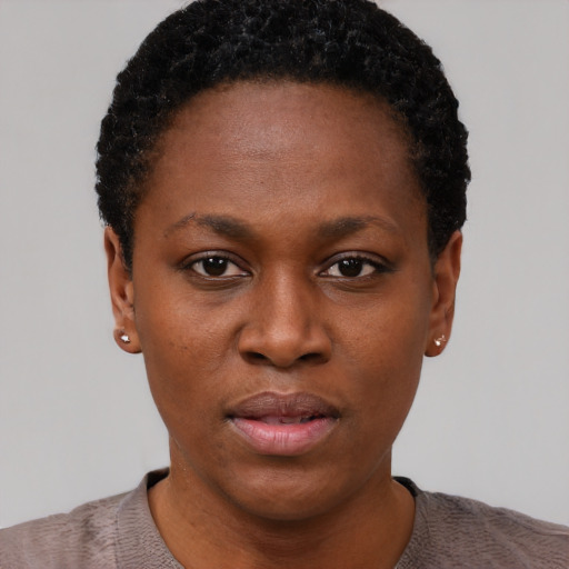 Neutral black young-adult female with short  black hair and brown eyes