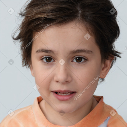 Joyful white child female with medium  brown hair and brown eyes