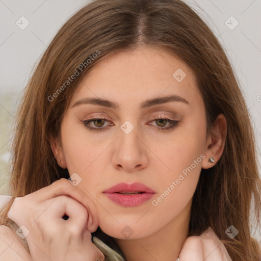 Neutral white young-adult female with long  brown hair and brown eyes