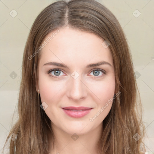 Joyful white young-adult female with long  brown hair and green eyes