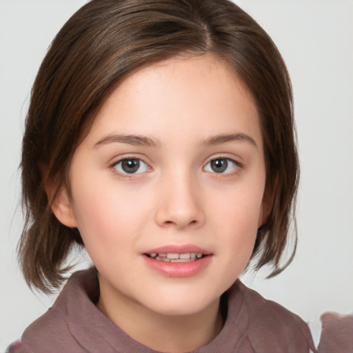 Joyful white child female with medium  brown hair and brown eyes