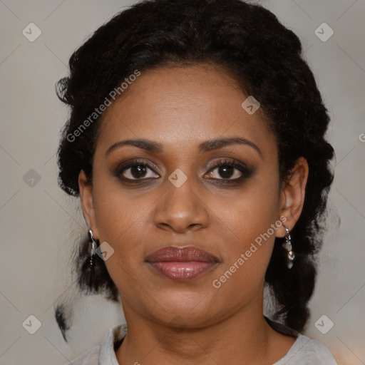 Joyful black young-adult female with medium  brown hair and brown eyes