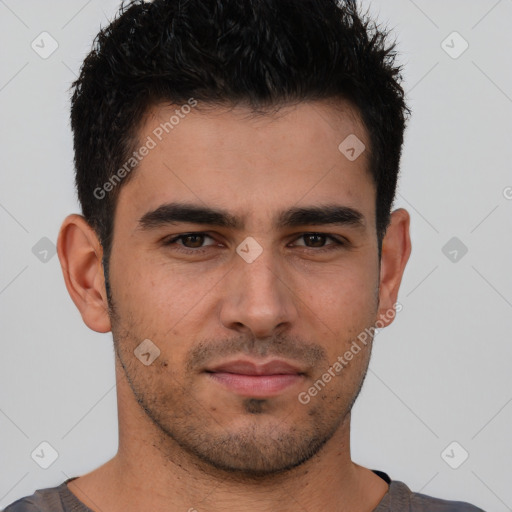 Neutral white young-adult male with short  brown hair and brown eyes