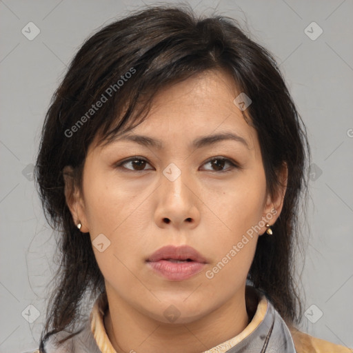 Neutral asian young-adult female with medium  brown hair and brown eyes