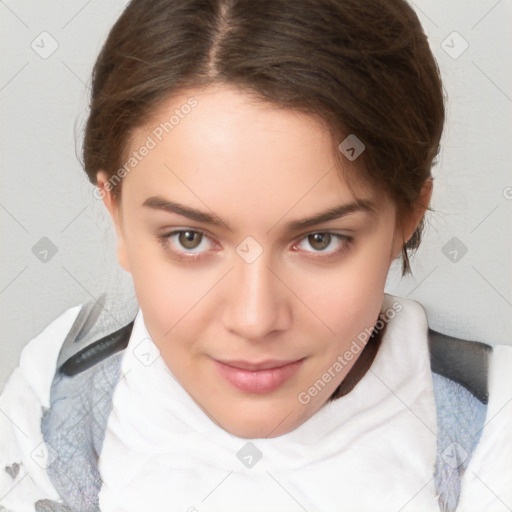 Neutral white young-adult female with medium  brown hair and brown eyes