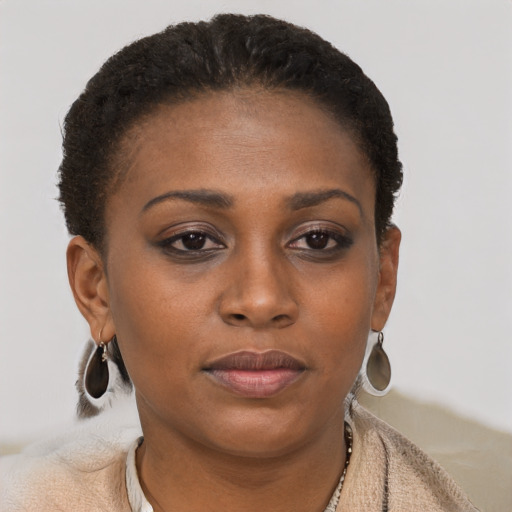 Joyful black young-adult female with short  brown hair and brown eyes