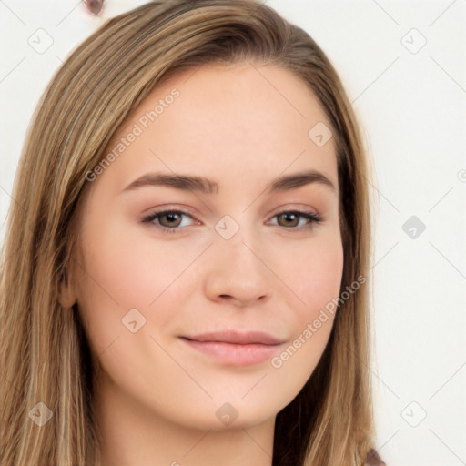 Neutral white young-adult female with long  brown hair and brown eyes