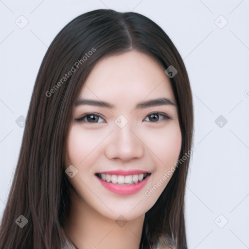 Joyful white young-adult female with long  black hair and brown eyes