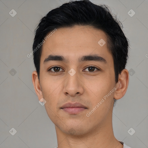 Neutral latino young-adult male with short  black hair and brown eyes