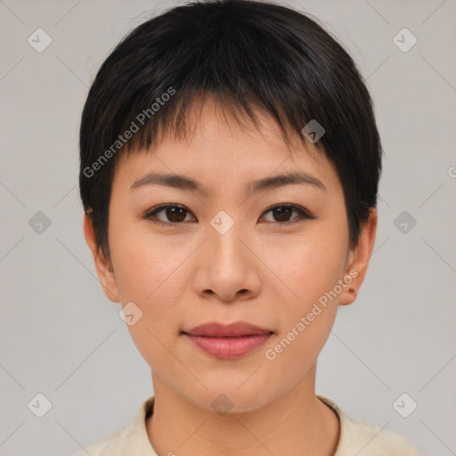 Joyful asian young-adult female with short  brown hair and brown eyes