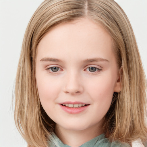 Joyful white child female with medium  brown hair and blue eyes