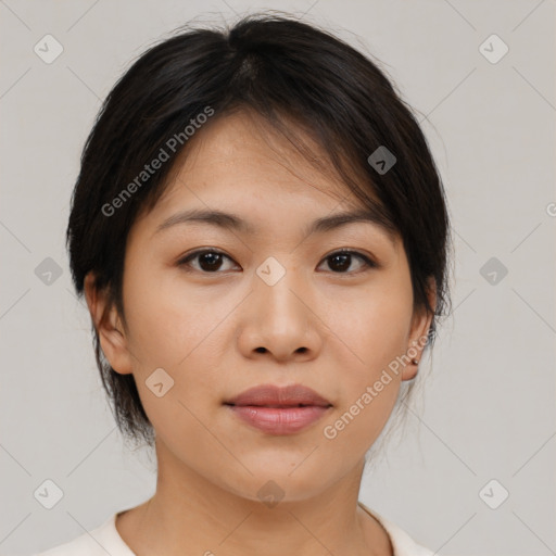 Neutral asian young-adult female with medium  brown hair and brown eyes