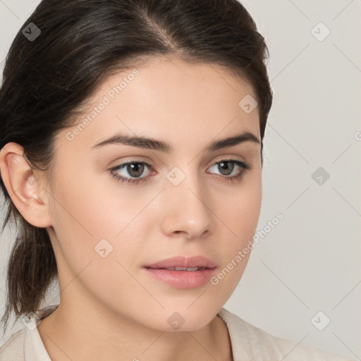 Neutral white young-adult female with medium  brown hair and brown eyes