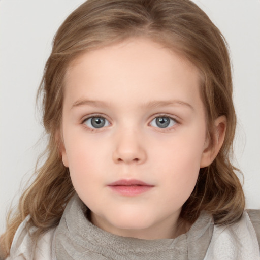 Neutral white child female with medium  brown hair and blue eyes