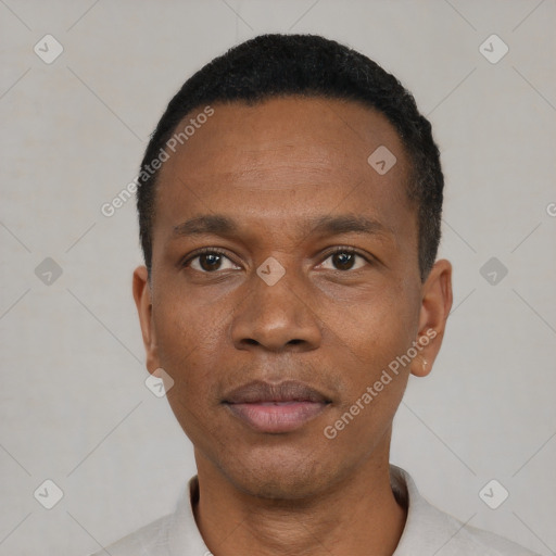 Neutral black adult male with short  black hair and brown eyes