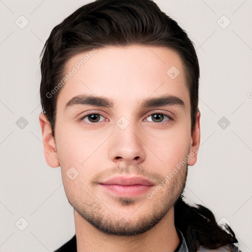 Neutral white young-adult male with short  brown hair and brown eyes