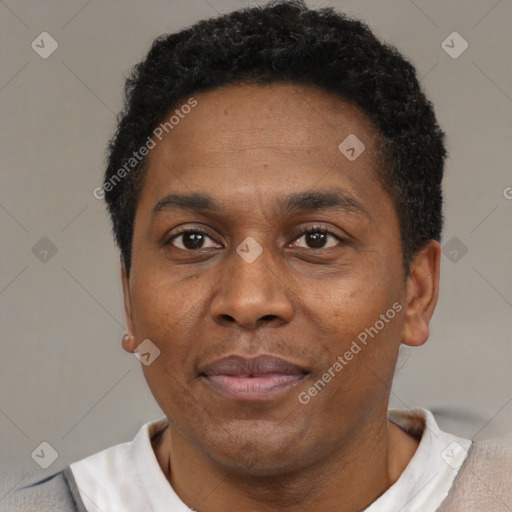 Neutral black adult male with short  black hair and brown eyes