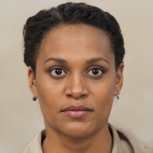 Joyful black young-adult female with short  brown hair and brown eyes
